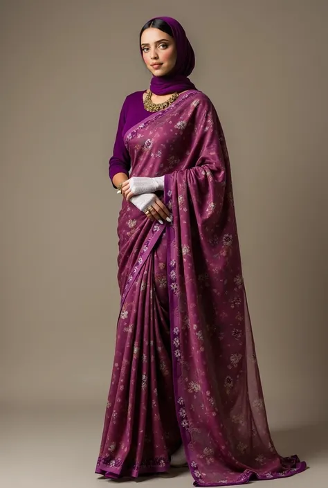 A beautiful woman in her twenties is elegantly dressed in a designer floral-printed saree, featuring a full-sleeved blouse and a gracefully draped long plum and space-colored georgette saree, blending both hues harmoniously. She wears a matching printed hi...