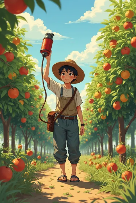 Peasant in a large fruit orchard working with a fumigator anime-like illustration 