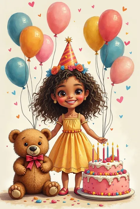 Hand-drawn illustration in a ren's book style, featuring Maria Helena on her 6th birthday, with light brown skin and waist-length curly hair. She is smiling, wearing a princess-like dress, with her teddy bear beside her. They are celebrating, surrounded by...