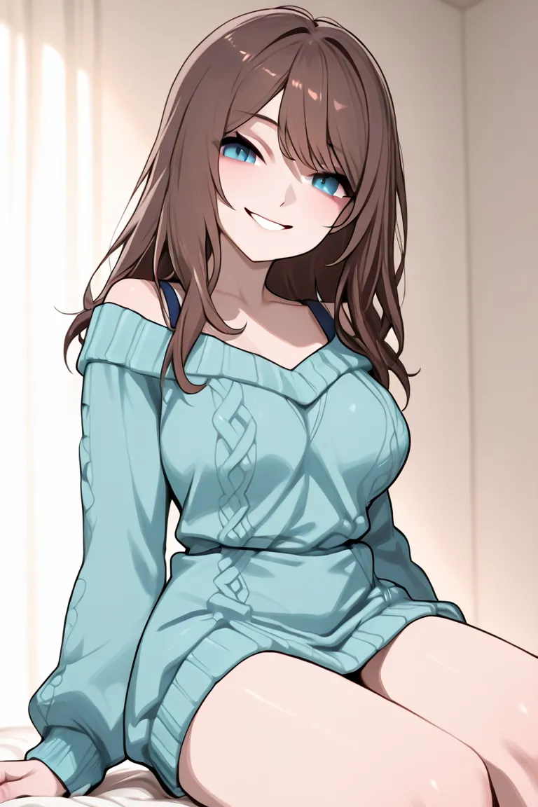 Caucasian girls,  thin, B cup breasts. blue eyes.  long wavy hair,  dark brown,  long open bangs . Just wear a blue sweater.  smiling. Sitting with her legs wide open .