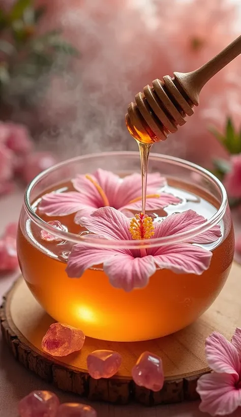 An aerial view of a large glass or ceramic bowl with hot water, where hibiscus flowers float and honey drips slowly from a wooden spoon, blending with water. Small rose quartz crystals are next to, symbolizing love and positive energies. The environment ha...