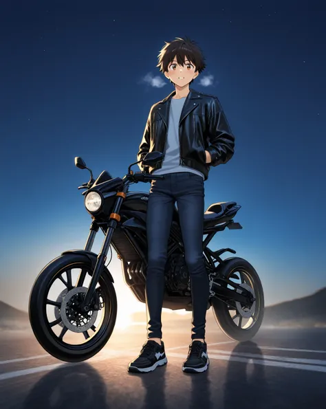 Boy riding a black sports bike、black jacket with jeans、Black shoes、Night Sky、The breath turns white