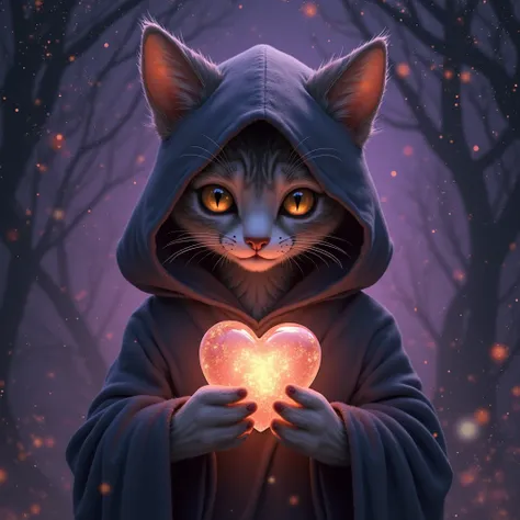 Can you draw a cat with a heart in her hands? Let this cat hooded taxi have a heart in front of her hands and have a heart in her hands Let the background be purple and black stars 