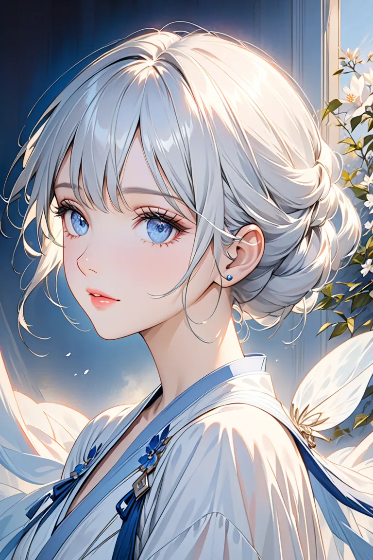 A lady girl,white hair,blue eyes, beautiful,noble,close-up,