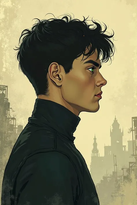 book cover, damian wayne, back of his head, side profile, light dark skin, middle east man, green eyes, dark hair, longing in his eyes, looking into faraway, black turtleneck, hazy misty beige background, by vincent van gogh style, no realism