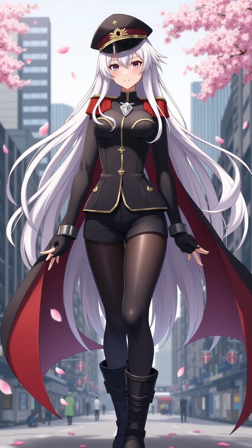  standing in the background of the city 、and features a gorgeous belt。long gray hair swaying in the wind、the black military uniform is accented with a red epaulette。wear a black military hat with a decorative patch on the head、A silver necklace shines arou...