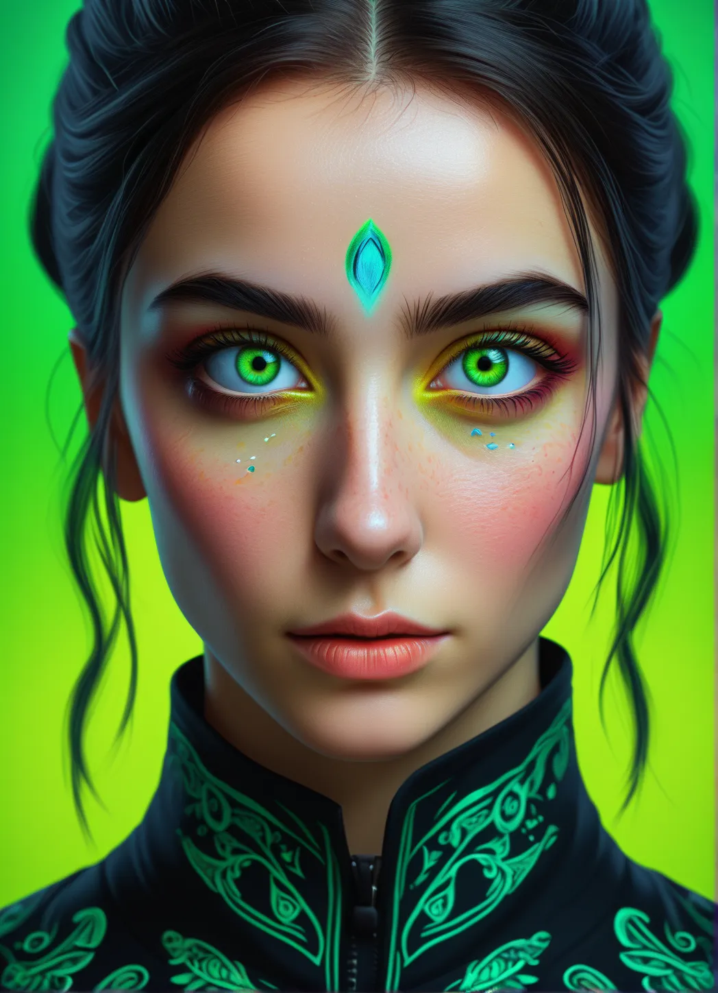 A woman, heterochromia, one eye black, one eye green , captivating gaze, digital art, character design, vibrant colors, intricate details