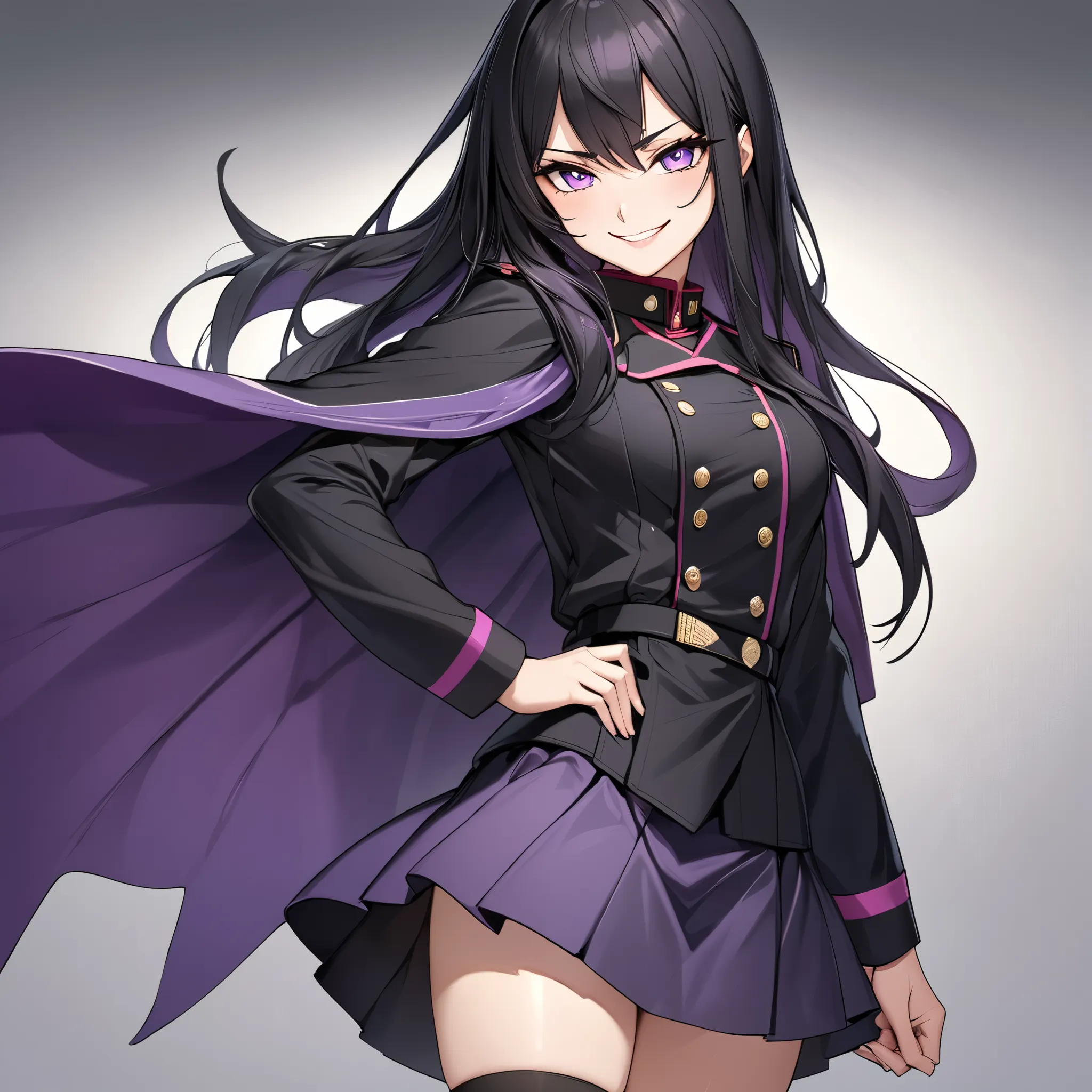 High resolution, high quality, HD, beautiful female, 1 female, beautiful, aager, haughty, mischievous, smirking, medium breasts, long straight hair, jet black hair, purple colored eyes, black purple military uniform with a skirt and cape, knee high socks, ...