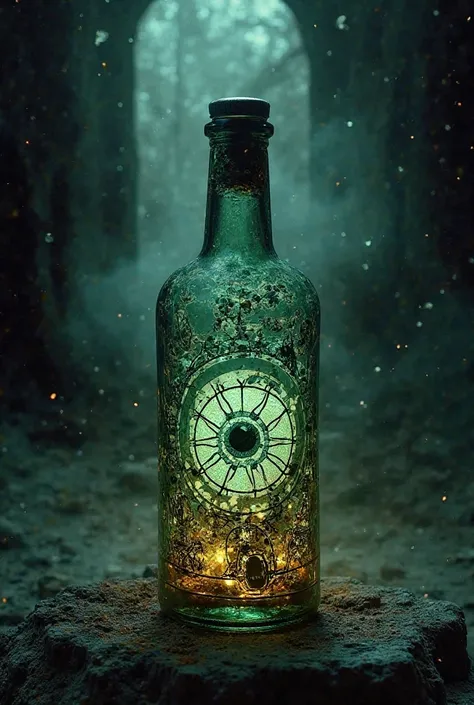 Create an image where a witch bottle appears in the middle with the word witch bottle against the evil eye. 

