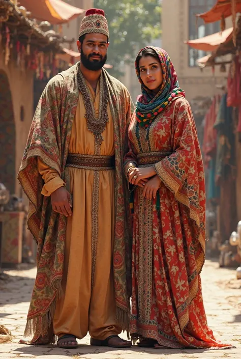 Announcement: There is a man wearing traditional Moroccan robes and a woman wearing traditional Moroccan robes