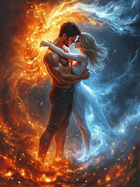 A stunning digital masterpiece painting depicting a passionate embrace between a man, physically perfect body, muscular body frame,(full body shot)engulfed in fiery orange and red fire and a woman in a fiery white and blue ice, physically perfect body, mus...