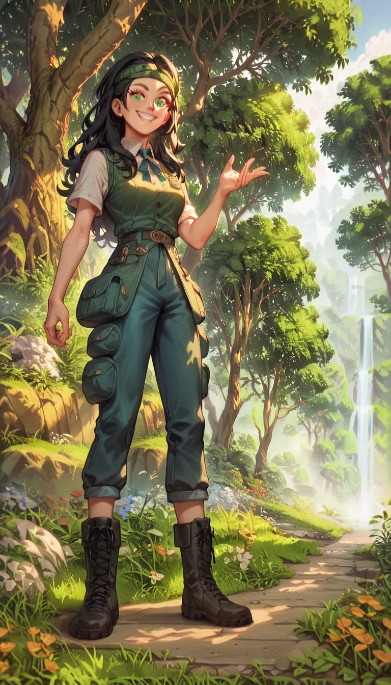 A girl,  with long hair,  black hair , green eyes, Sarcastic smile, a green headband,  in a black shirt, green vest, blue pants, black high boots, in a very thick forest, smiling very cheerfully , In the background some houses