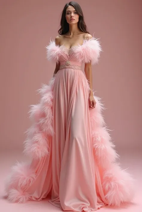 A beautiful pink long dress adorned with soft ostrich feathers. The dress is flowing and elegant, made of silky fabric with a gentle shimmer. The feathers are delicately placed along the hem and shoulders, adding a touch of luxury. The design is graceful a...