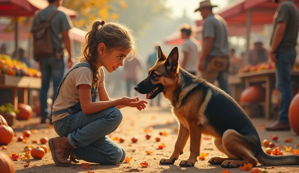 A heartwarming, ultra-realistic moment between a  and a stray German Shepherd at a farmer’s market in Texas. The  girl, with bright brown eyes and golden hair, carefully kneels in front of the dog, extending a small hand with kindness. The dog hesitates, h...