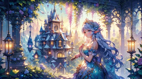 ((masterpiece)),(( top quality )),(( high detail)), background, fantasy,  beautiful forest, PASTEL COLOR, Delicate decorative ornament,  Magical World , Fairyland, Sparkling Light, Fairy Queen