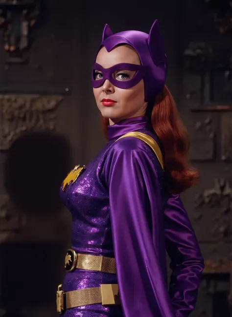  sexy Hungarian model, Masterpiece, Award Winning, High Quality, artgerm, solo, bubble butt, wearing retro Batgirl purple costume , , big breast, retro red hair, looking at viewer, makeup, no cape, b4tg1rl woman, posing sexy, back angle, showing her ass, f...