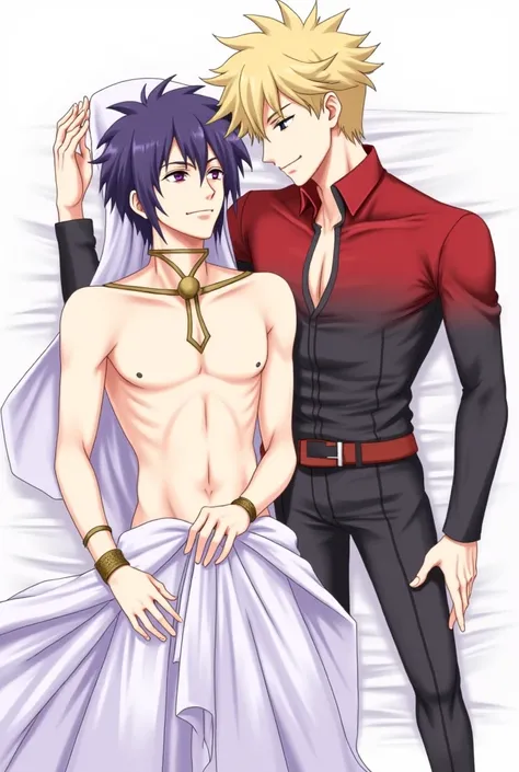 Draw me an lewd uncensored gay sex in royal bed between the two of them. The one with dark purple hair is the bottom and the blonde hair is the top with big penis. No boobs please. 