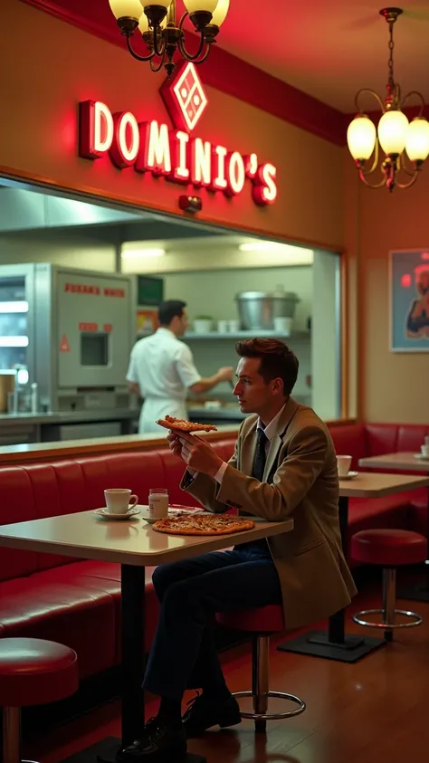 The iconic Domino's pizzeria in the 1960s, with its retro and welcoming environment. The space has a classic decor of the era, with wooden tables , a counter with red stools and a large neon sign shining on the wall. In the background, } the open kitchen r...