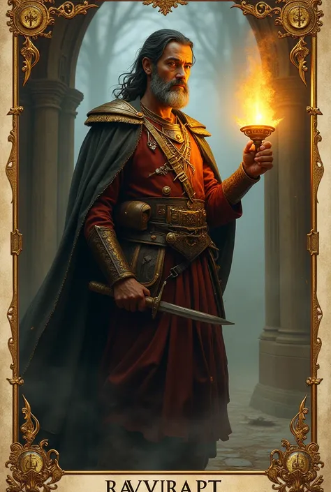 create a tarot card with a spaniard soldier holding a lamp