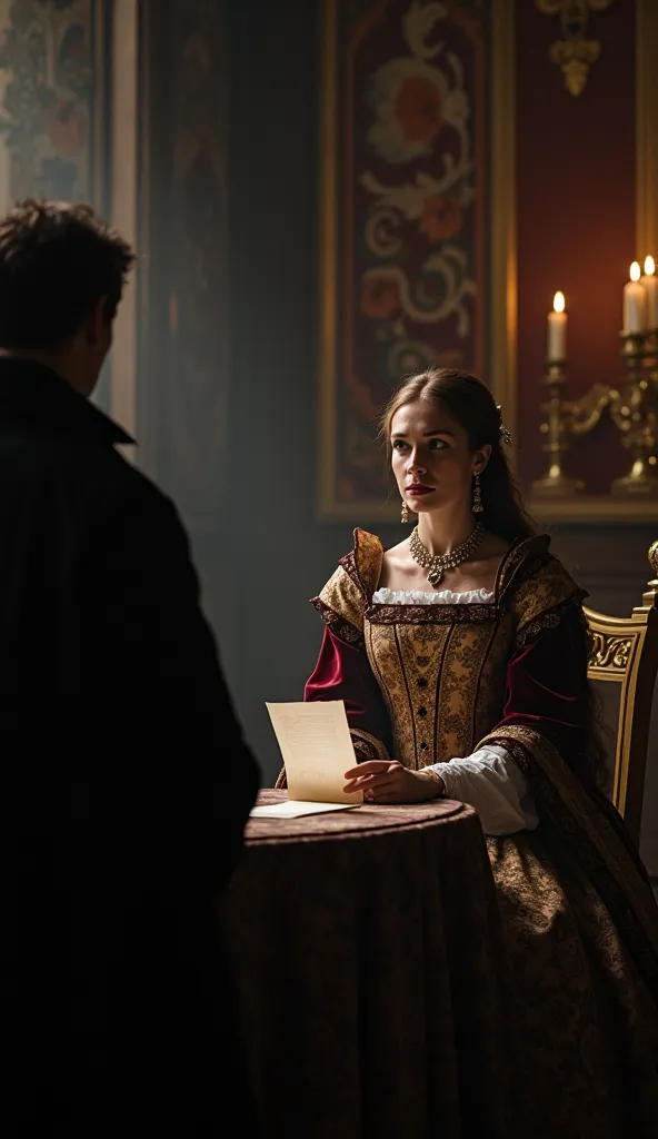 "A historical scene of Queen Catherine de Medici in a dimly lit royal chamber, receiving secret intelligence from a shadowy spy. She holds a letter with a smirk, knowing she has the upper hand. The lighting is dramatic, emphasizing secrecy and strategy. Th...