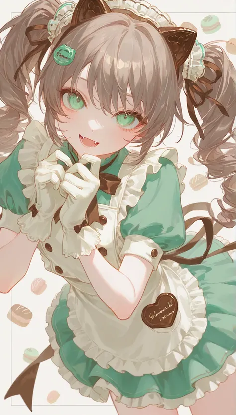 (1 girl with pale brown hair :1.4), cute sweets background、 pale colored background, detailed costume, Sunshine, dynamic angle, brown and mint green clothes, pastry chef clothes, Clothes that are a mixture of pastry chef clothes and Lolita fashion, accesso...