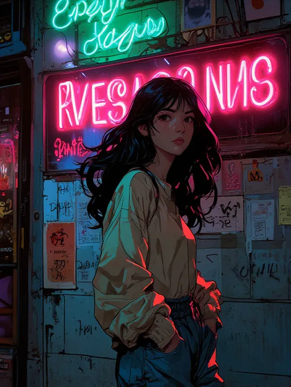 ((((90s anime style,1990s style,1970s anime，Folk style portrait，Retro style poster,Chicano retro fashion，Renaissance,  retro style inspiration I have a large neon sign with retro , h painted details, fresh  clean appearance，))))(masterpiece:1.2, Highest qu...