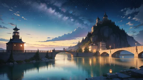  High Quality Masterpieces  ， Scenery， An animated train passing through a body of water on a track， Shining starry sky。Romantic Train，Pixiv，Concept Art，{{lofi art style}}，Reflector。 Shinkai Seisaku , Lofi Art,  Beautiful Anime Scenes , アニメの Scenery, 詳細な S...