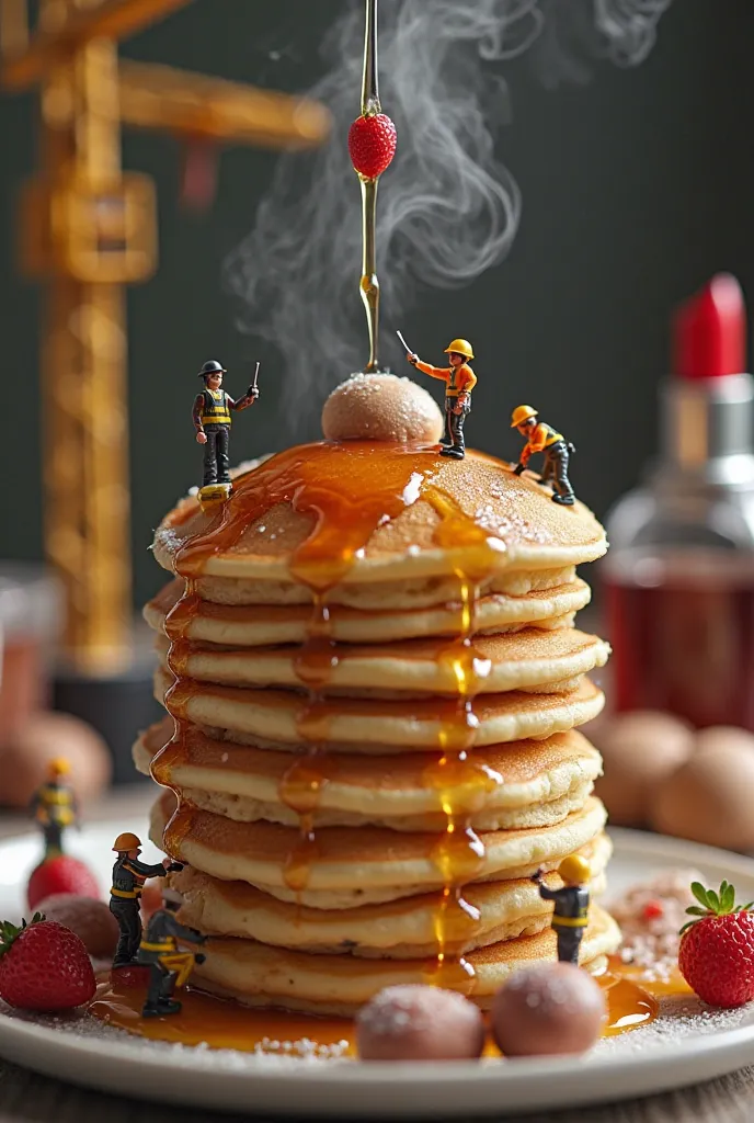 A stack of golden,  make up  drizzled with maple syrup, topped with lipstick . Miniature construction workers are
'building' the stack, with a crane lifting a new pancake onto the tower. Some workers are using small brushes to spread syrup, while others ar...