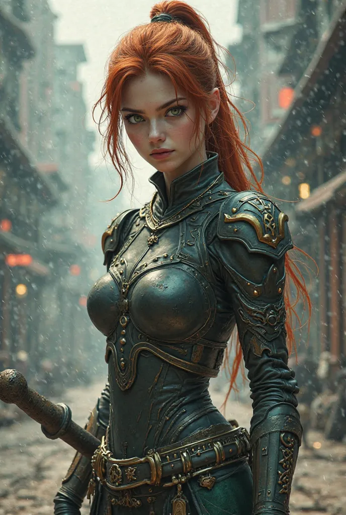 Half demon girl eastern warrior in modern key. Auburn hair, green eyes, and a scar running down her cheek. Carries a double-edged glaive and wears sleek, modern armor with ancient runes.