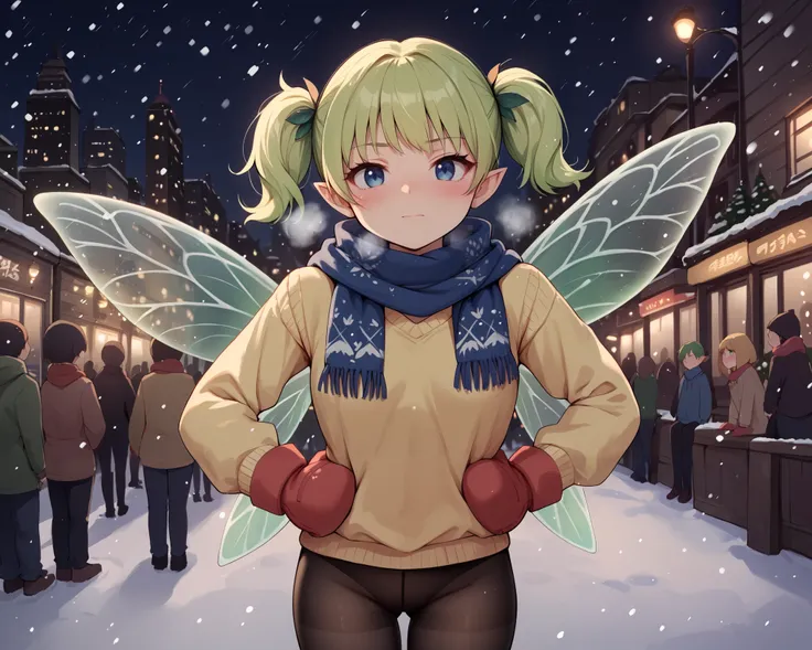 score_9_up, score_8_up, score_7_up, 1girl, solo, source_anime, fairy, FairyForm, Fairy Wings, Wings BREAK
Short twintails, fairy wings, bangs, small breasts, green hair, blue eyes BREAK
Red scarf, long sleeves, yellow sweater, red mittens, blue sweater...