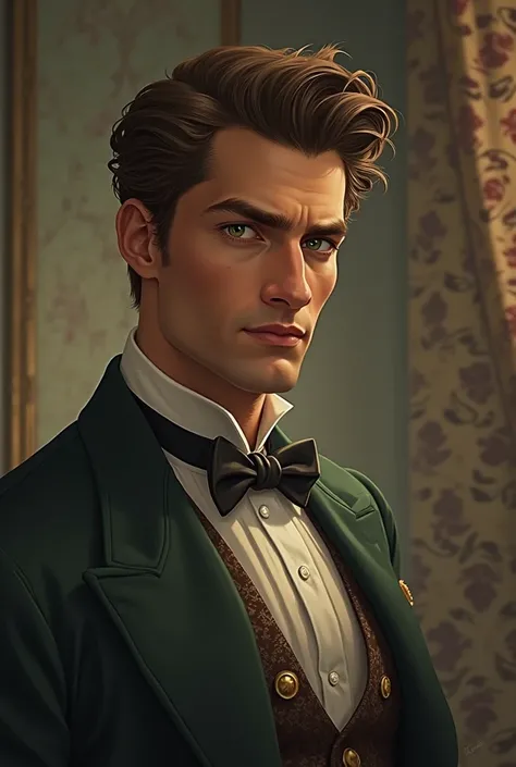 Very handsome young man between 27 and 32 years old. 1880 style with brown skin with gentleman style, Green eyes with a sarcastic smile 