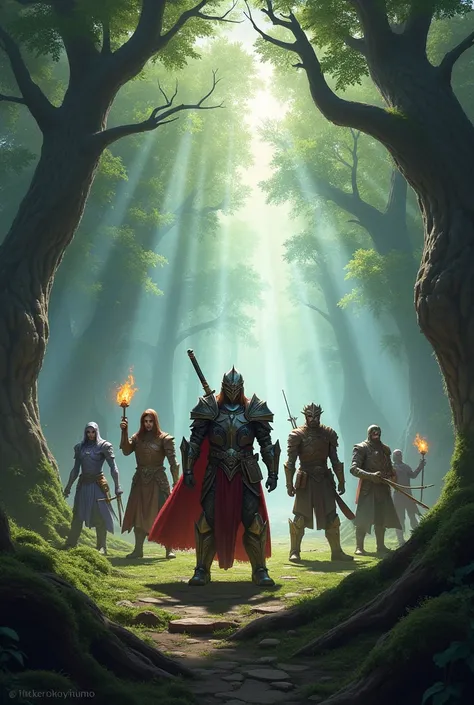 Play a warrior, a wizard, a priest, an archer, a thief, and an attacker in front of a forest. 