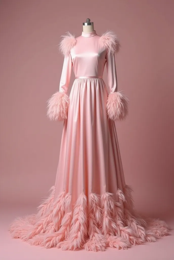 "A fully covered, elegant pink long dress with soft ostrich feathers. The dress has a high neckline and long sleeves, ensuring full coverage while maintaining a graceful and luxurious look. The silky fabric flows beautifully to the floor, with delicate ost...