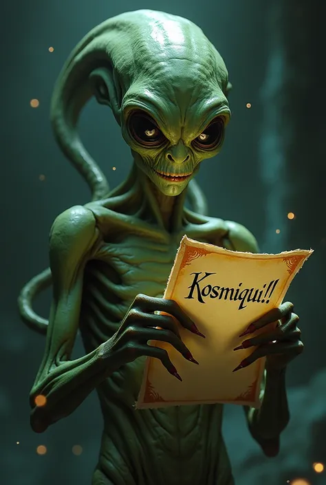 Make a creepy alien holding a piece of paper written in your hands "Kosmiqui!"