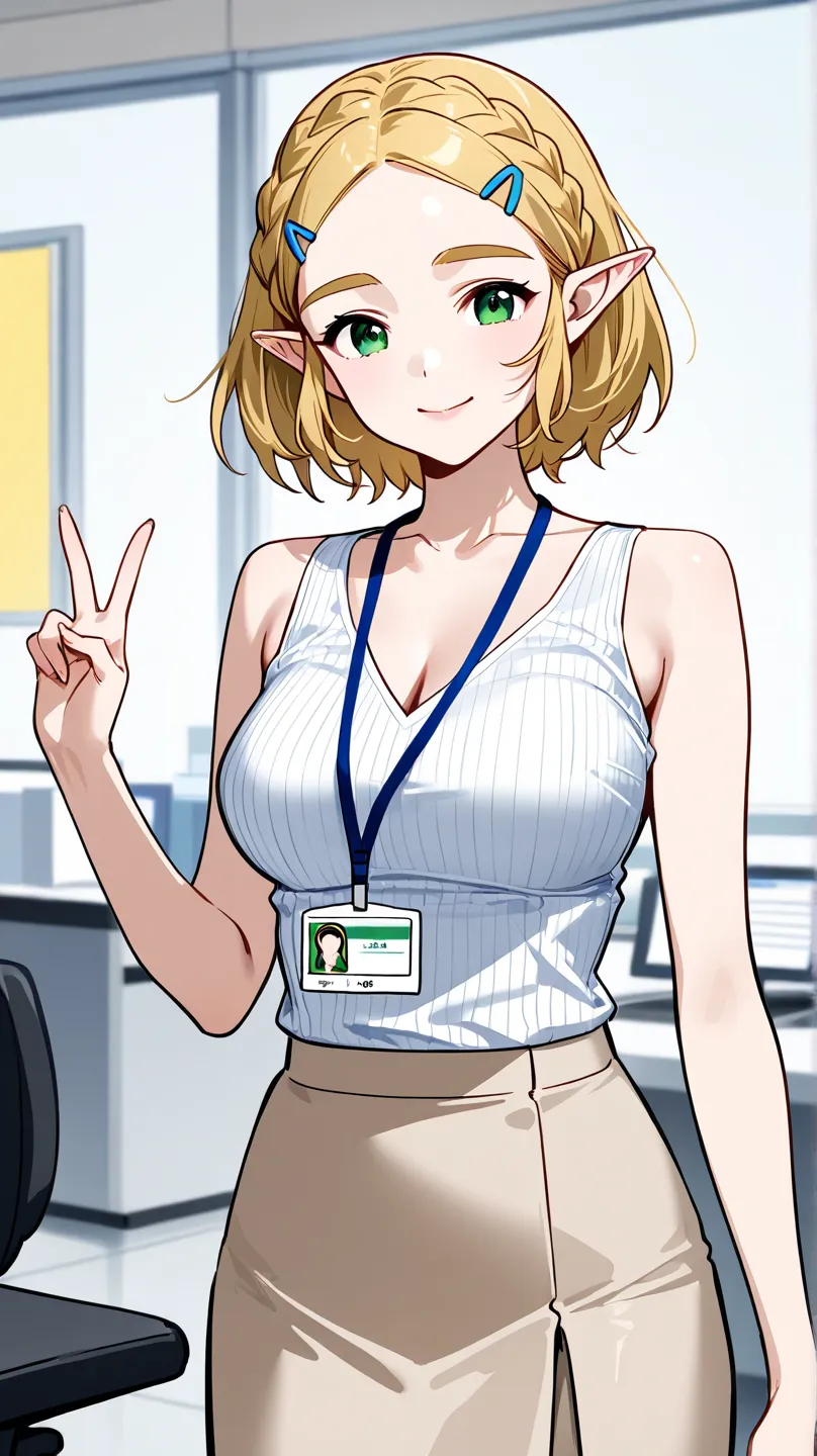 Princess Zelda in the real world as an office worker in Brazil, Wearing office worker clothes from Brazil, white ribbed V-neck tank top, beige skirt, employee badge, Posture and countenance of an office worker