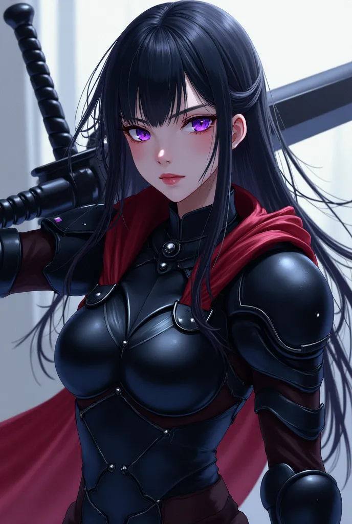 (maximum quality, best quality,  official art , beautiful and aesthetic:1.2) female anime, rebellious girl, serious and closed personality, black hair,  purple eyes,  fair skin, Armadura preta, Heavy Sword .
