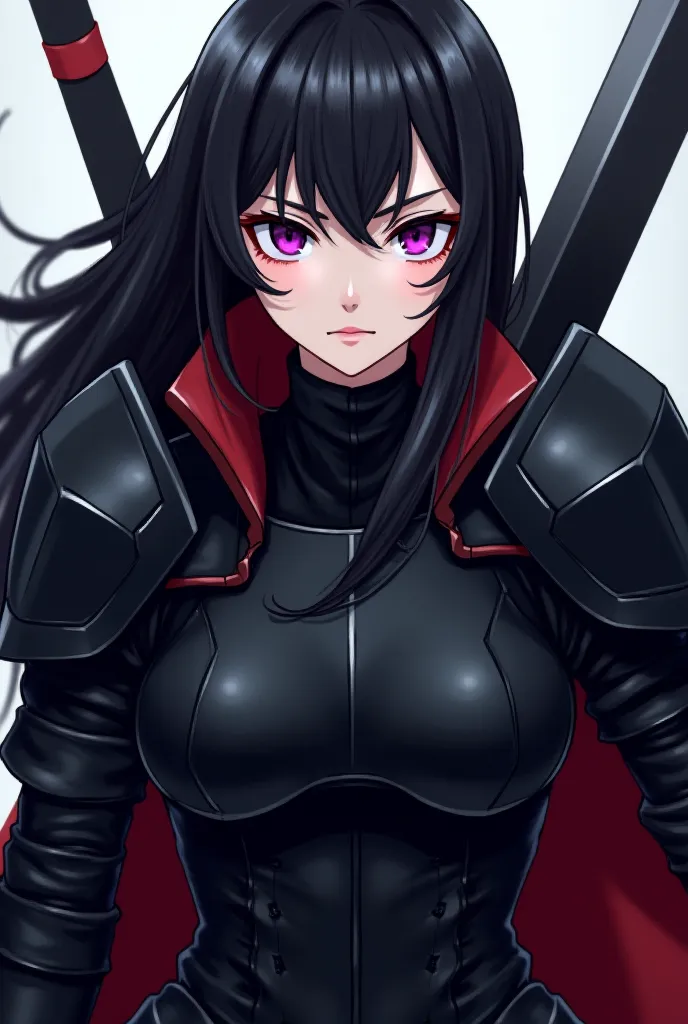 (maximum quality, best quality,  official art , beautiful and aesthetic:1.2) female anime, rebellious girl, serious and closed personality, black hair,  purple eyes,  fair skin, Armadura preta, Heavy Sword .
