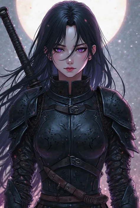 (maximum quality, best quality,  official art , beautiful and aesthetic:1.2) female anime, rebellious girl, serious and closed personality, black hair,  purple eyes,  fair skin, Armadura preta, Heavy Sword .
