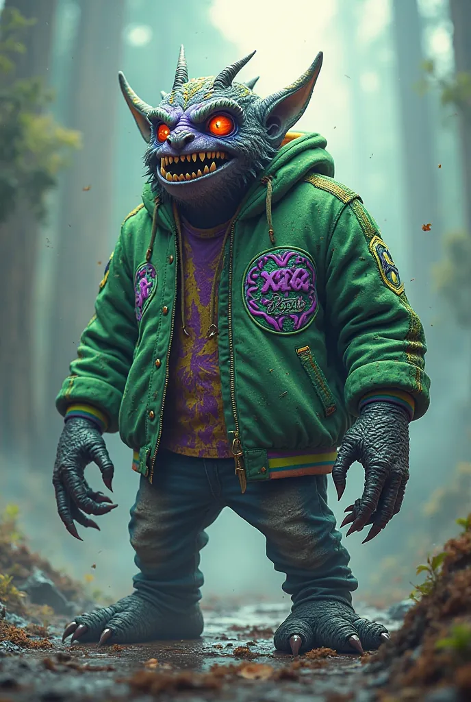 Baseball jacket Monster them and write on it BAC INFO 2K26 logo Phyto green and purple 