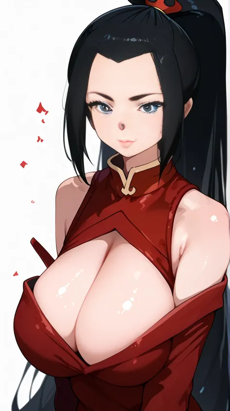 cute Azula . Very kawaii , round face . Half up do , twintails . Shaggy hair , fluffy hair . White hairband , blunt bangs . Very long hair , black hair . jitome , light blue eyes . alone , Slim , huge breasts , short and small . shiny skin . White off the ...