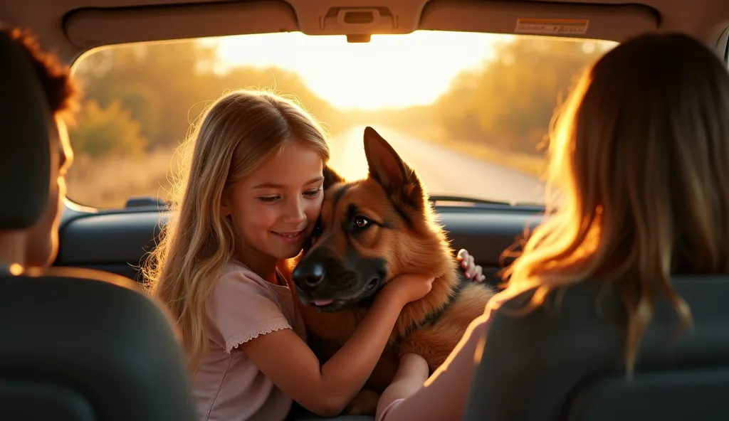 Inside a cozy car on the way home, a little  girl sits in the backseat with a rescued German Shepherd resting his head on her lap. The girl, with blonde hair and big brown eyes, gently strokes the dog’s fur, whispering to him softly. The dog, still hesitan...