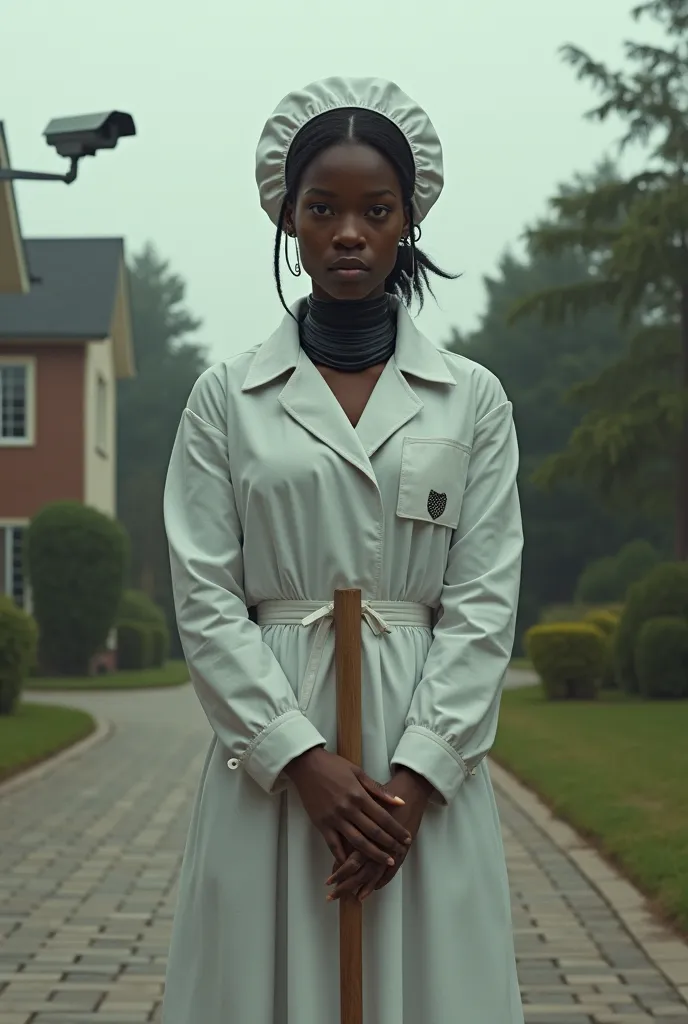 2025  18 year-old legal Registered chattel African female house slave.  She wear permanent shockcollar with fridchip.  She wear slave maiduniform.  She is sweeping the driveway . She is being monitored by cctv Camera