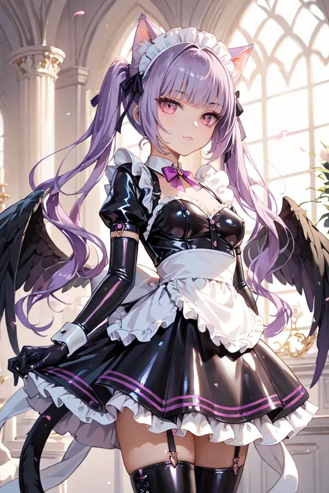 A evil Catgirl with pink eyes and long purple hair as a with black wings of a goddess and cat ears a cat tail wearing a black full body latex catsuit with a black and purple maid latex dress over it 