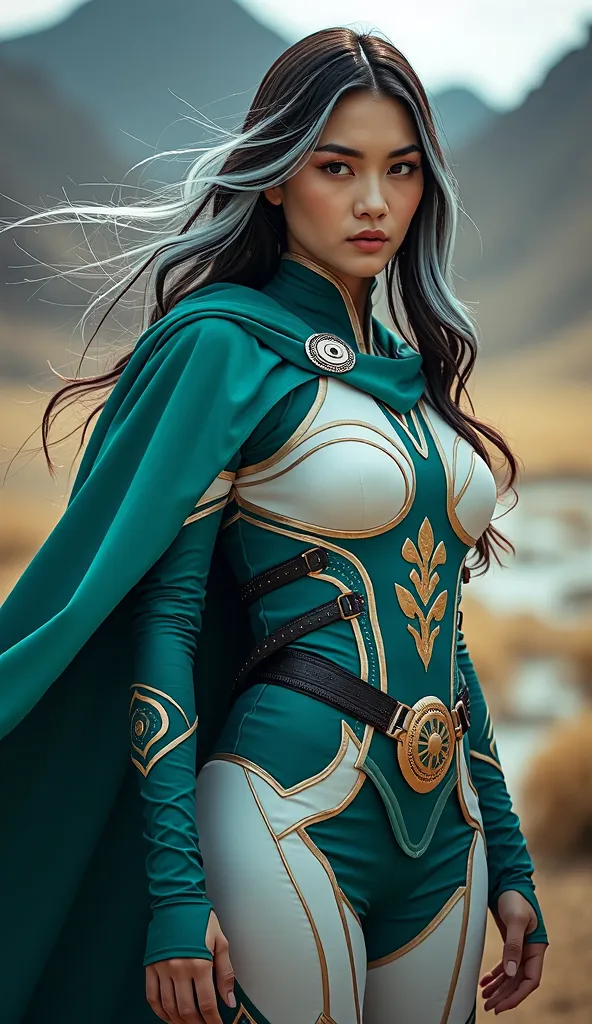 **Image Prompt**:  
"A majestic realistic futuristic pretty super heroine representing Kyrgyzstan, wearing a flowing emerald green and white suit with nomadic tribal motifs, her long dark hair streaked with silver, sharp hazel eyes with a determined gaze, ...