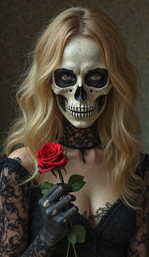  realistic photo, a skull-faced woman with blond hair holding a red rose, Close up photo of the face , wearing a black dress with lace 