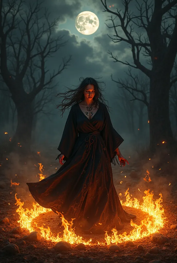 A hyper-realistic, high-definition, A lone female figure dances in a blazing circle of fire, deep within a dark, eerie forest. She wears a tattered black robe, its fabric flowing wildly as she moves. Mysterious arcane symbols are painted on her pale skin, ...