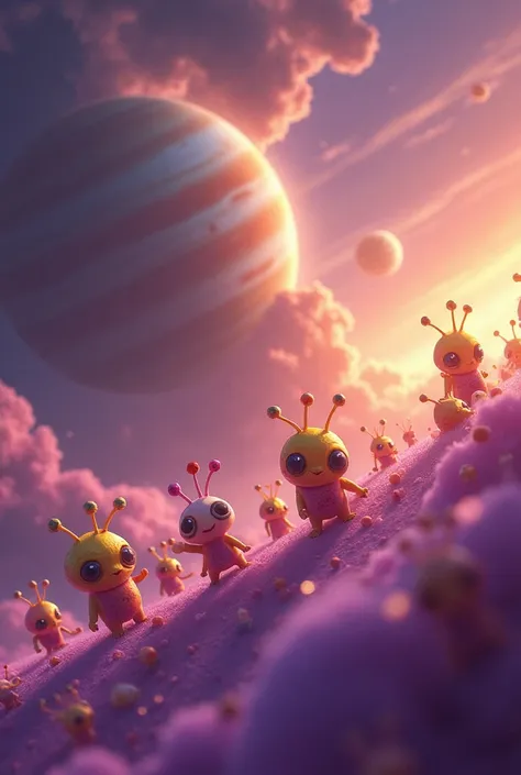 Cute little dwarf-like creatures with large antennae on their heads, living on Jupiter. Some have one big eye, others have two or even three! They are colorful and playful, surrounded by swirling gas clouds in vibrant hues of purple, orange, and pink. 