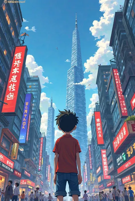 Create an anime image of a boy watching Asia at a city 