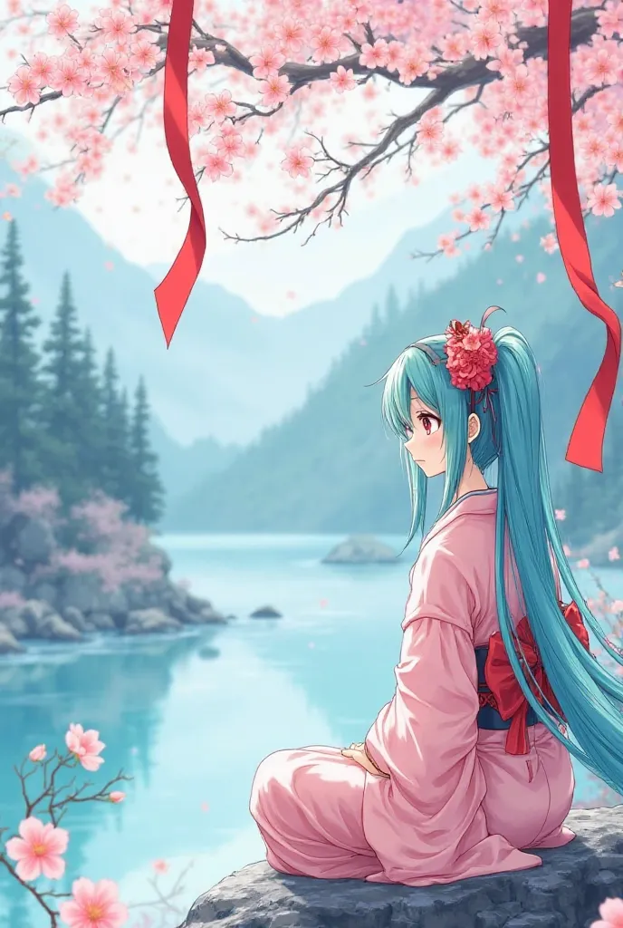  Hatsune Miku , Japanese-style oriental painting, Calm creek, Blue Mountains, A large red ribbon on the left side of the plum tree, Light pink kimono, A headband with a red camellia flower, behind the back