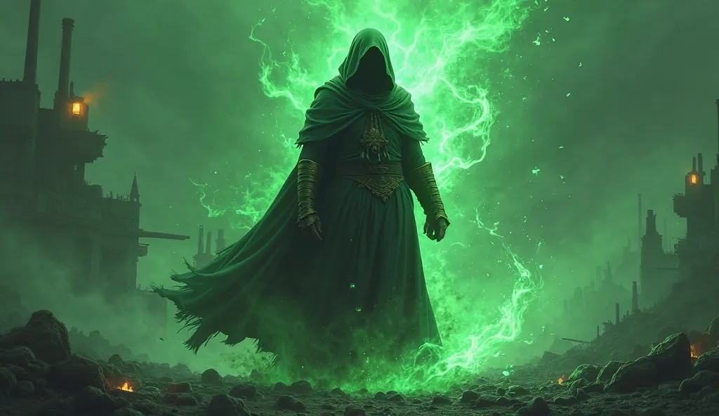 monk in monk clothing with a hood covering his face, Green Energy Fire Aura Gold, My Real Natureza black energy, green background pisicodeligo, green fire during the dark night,  scenario war destroyed on the epic empty background , on fire green during th...